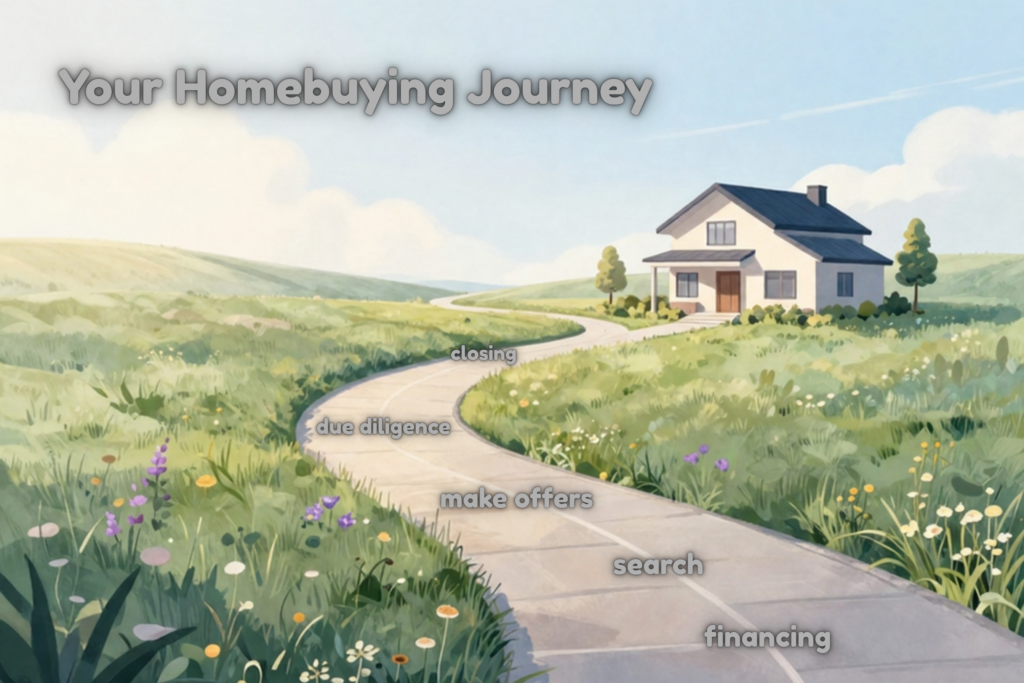Illustration of the home buying journey showing steps from financing through closing.